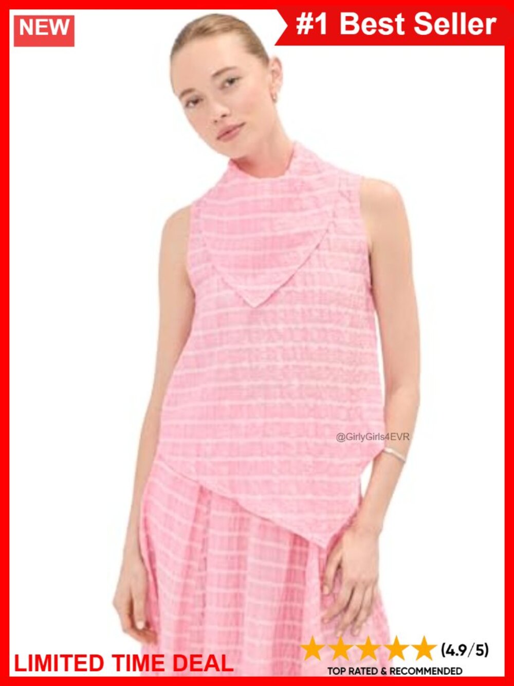 Sleeveless Check Print Seersucker Blouse Button Keyhole Back Crew Neck